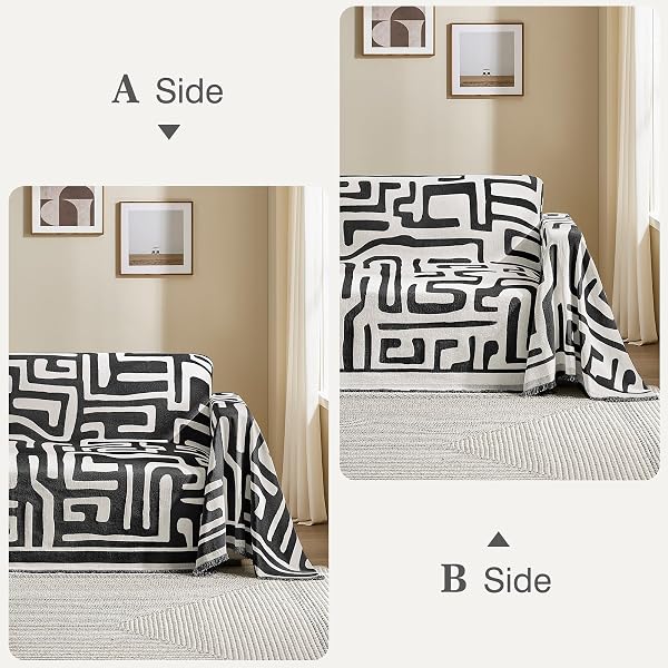 MAYMISS BOHO COUCH COVER FOR DOGS WASHABLE CHENILLE SOFA COVERS REVERSIBLE SOFA SLIPCOVER PET FRIENDLY FOR SECTIONAL SOFA, 2 OR 3 CUSHION COUCH (BOHO2 BLACK, 71″ X 150″)