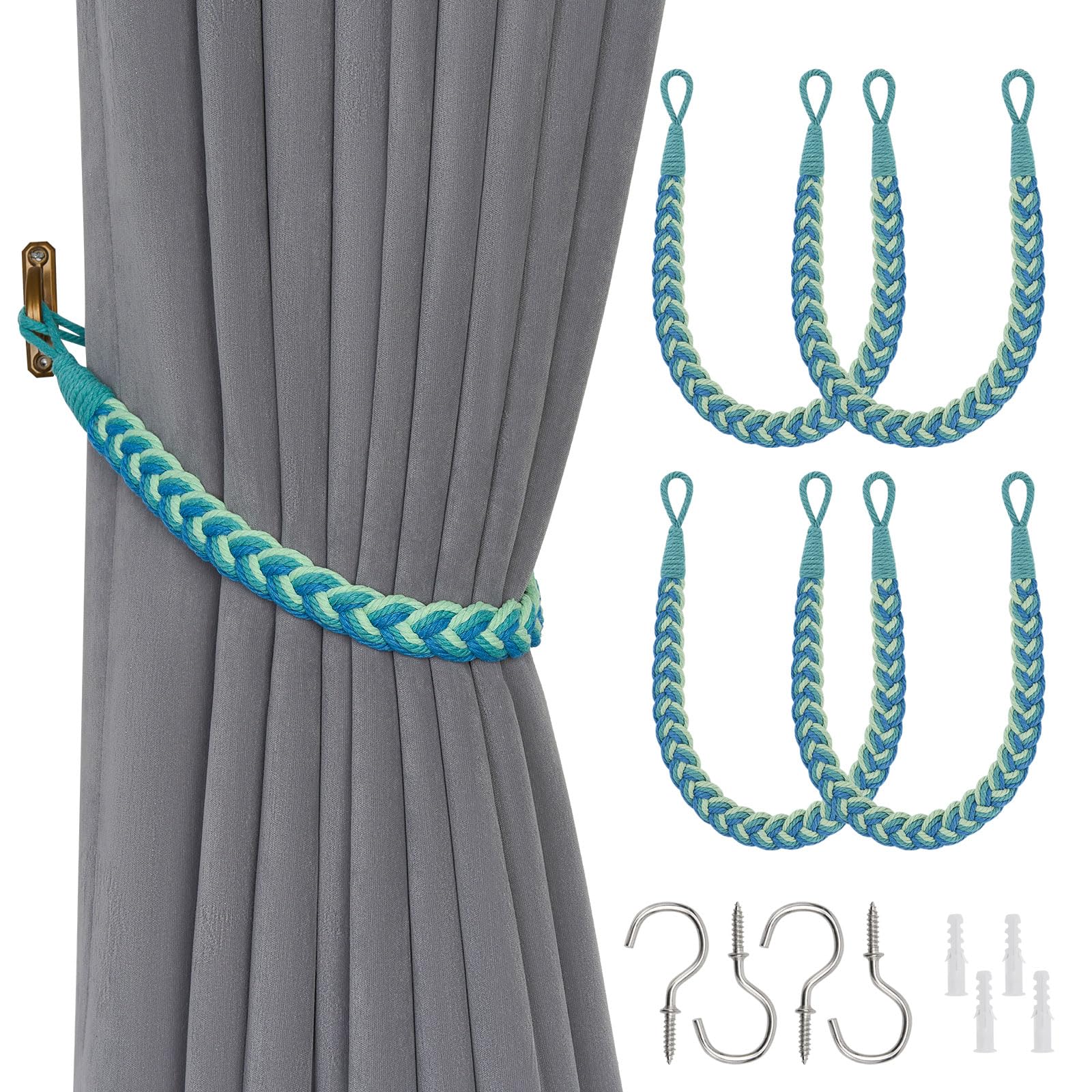 Pretty Jolly 4 Pack Natural Cotton Rope Curtain Tiebacks Elegant Boho Style Decorative Drape Tie Backs Soft Hand-Woven Rope Curtain Holdbacks with Metal Hook for Home Office Drapery (Gradient Blue)