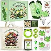 JTAMOHI 10 Pcs Frog Gifts, Frog Lovers Gifts for Women, Cute Frog Stuff with 16 Oz Frog Glass Cup Tote Bag Candle Socks Bracelet Earrings Keychain Headband Wristbands for Birthday Christmas Frog Lover