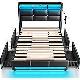 Rolanstar Twin Size Bed Frame with LED Lights and Charging Station, PU Leather Bed Storage Headboard & Drawers, Heavy Duty Wood Slats, Easy Assembly, Black