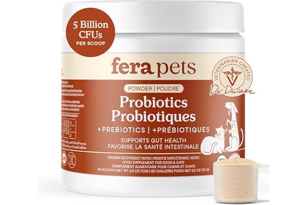 Fera Pets Organic Probiotics for Dogs & Cats with Prebiotics, 60 Scoops | USDA Organic Gut Health Powder Supplement with 12 S