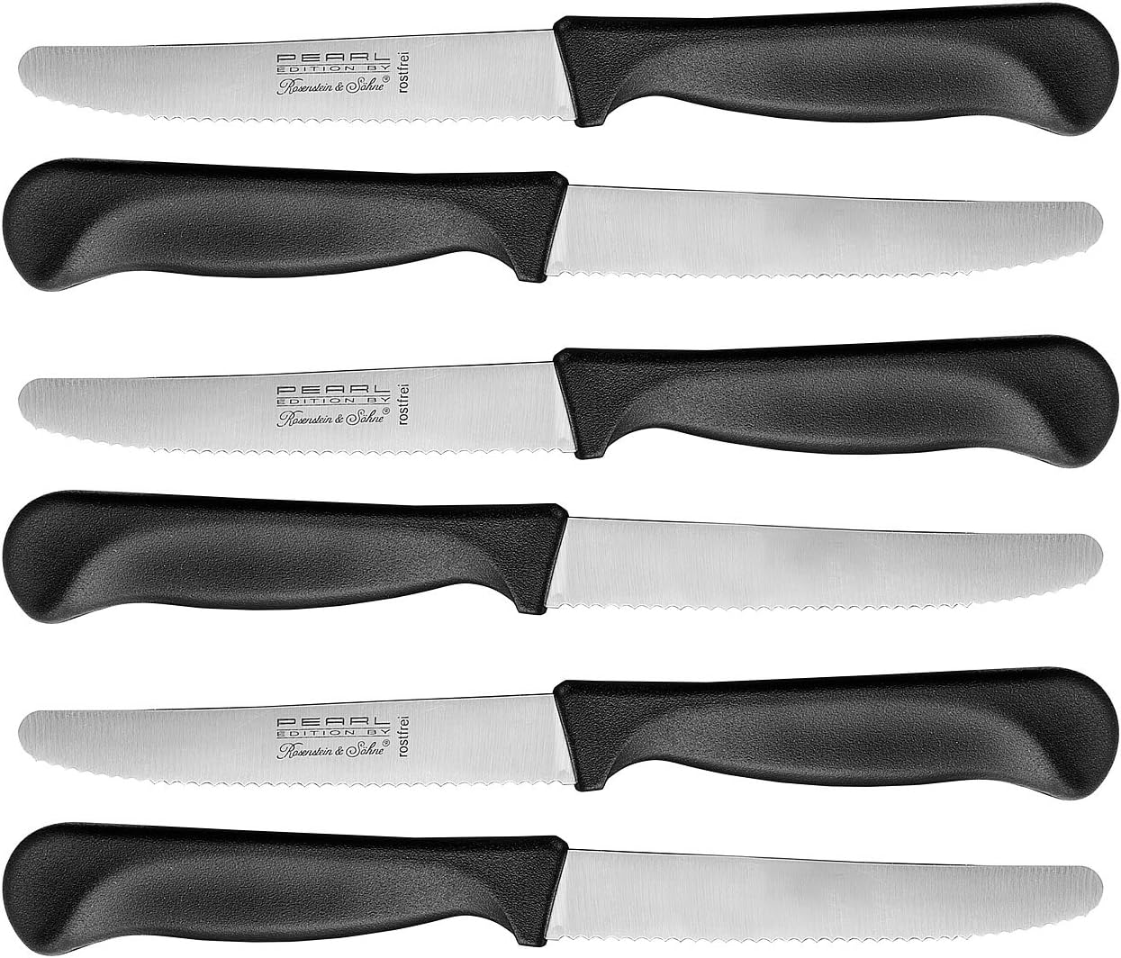 Rosenstein & Söhne Brötchenmesser: Frühstücksmesser mit Wellenschliff aus rostfreiem Chromstahl, 6er-Set (Tomatenmesser)