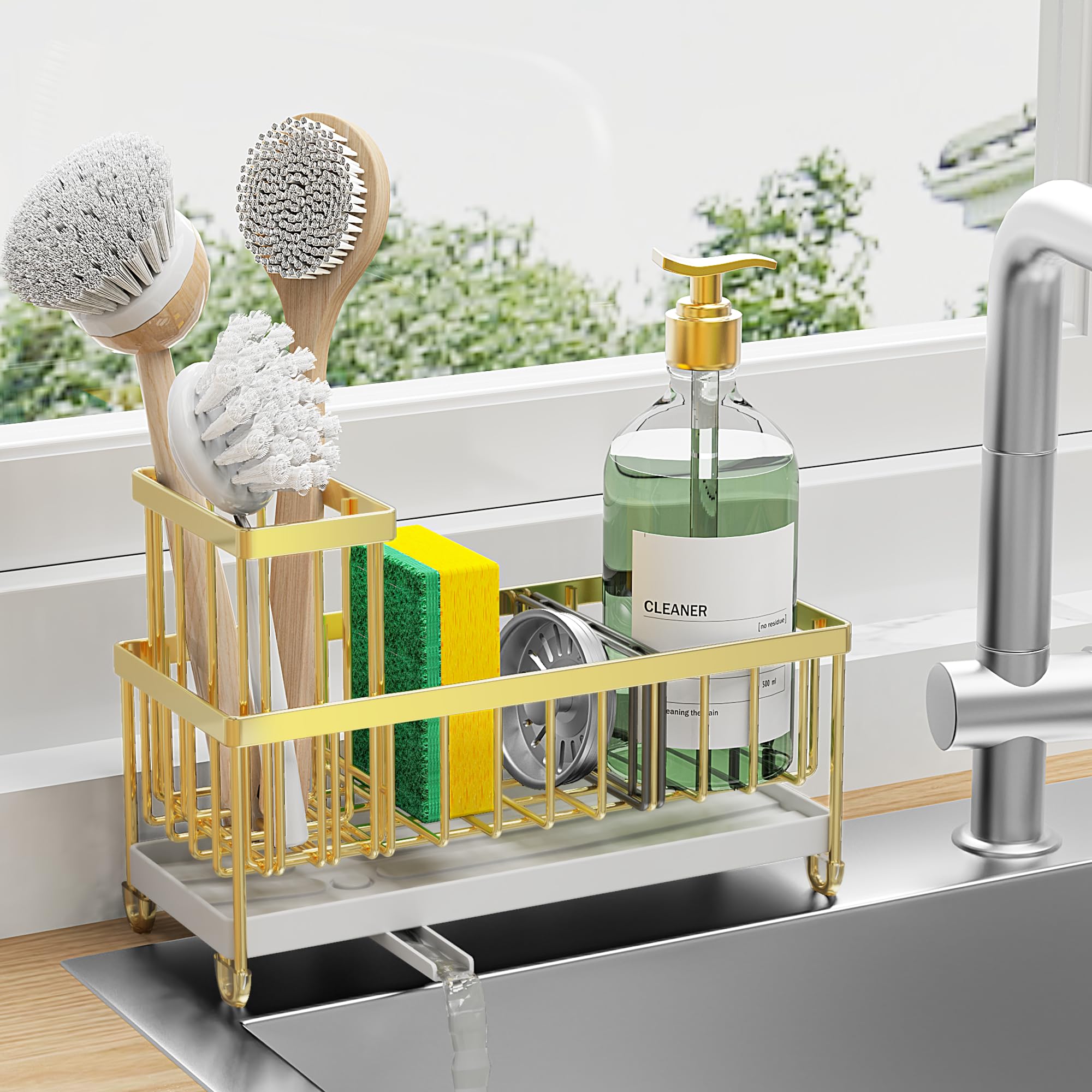 Photo 1 of Cisily Gold Sponge Holder for Kitchen Sink, Sink Caddy Organizer with High Brush Holder, Kitchen Countertop Organizers and Storage Essentials, Rustproof 304 Stainless Steel, Soap Dispenser Organize