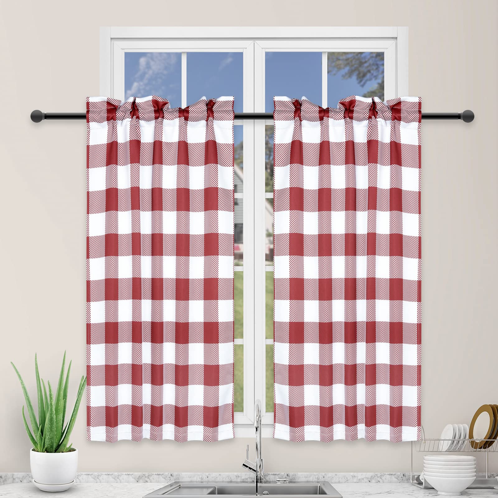 Simple Deluxe Buffalo Check Kitchen Tier Curtains, Plaid Gingham Small Curtain for Half Cafe Windows, 26" W x 36" L, White and Red