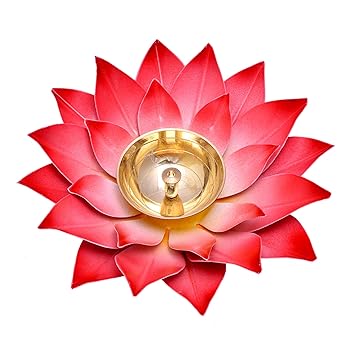 Wishkart Metal Lotus Style Diya for Pooja Home (Red) (6 inch)
