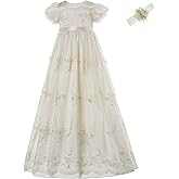 NIMBLE Baby Girls Newborn Christening Embroidered Gown Dress Outfit with Headband,0-15M