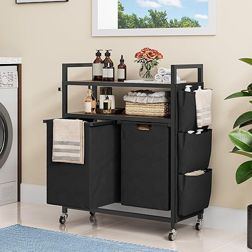YITAHOME Laundry Basket, Industrial Laundry Hamper with Shelves Floorstanding Washing Basket with 2 Pull-Out and Removable Bags Laundry Sorter for Bathroom Bedroom Laundry Room Dorm