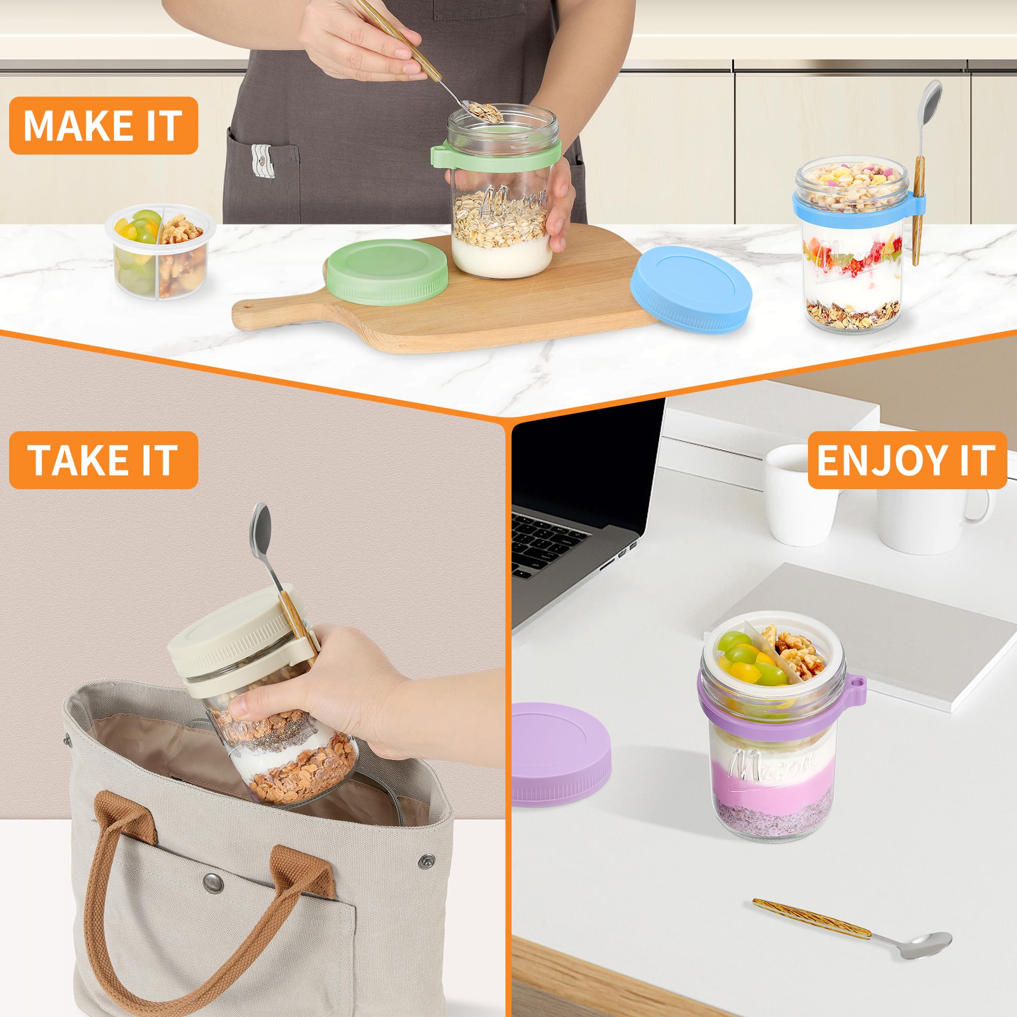 Xyptorix 6 Pack Overnight Oats Containers with Lids and Spoons, 16 oz Mason Jars with Removable Separate Compartments, Airtight and Leak-Proof Glass Jars for Chia Pudding, Yogurt, and Oatmeal