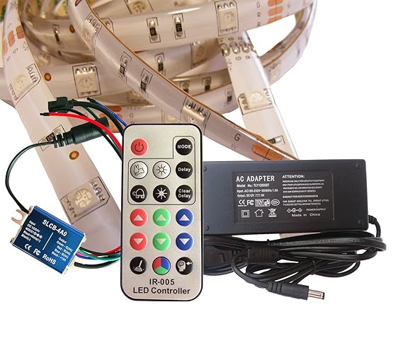 15 Meter Set: RGB LED Strip Streifen Leiste (15m, 30 LED/m, IP65) mit Controller, 17 Tasten Fernbedienung, 10A Netzteil und 1