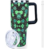 Lumumanber 40oz St Patricks Day Tumbler with Handle and Straw, Green Irish Shamrocks Stainless Steel Travel Mug Water Bottle, Vacuum Insulated Cup