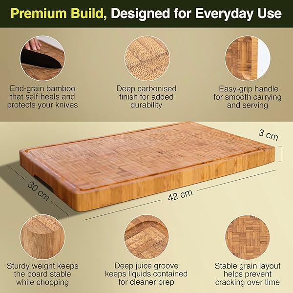 CACTUS & CUBBY PREMIUM BAMBOO CUTTING BOARD. DELUXE DEEP CARBONISED END GRAIN WOODEN CUTTING BOARD. 16.5″ X 11.8″. PRE-OILED BUTCHER BLOCK FOR PREPPING & SERVING. KNIFE FRIENDLY