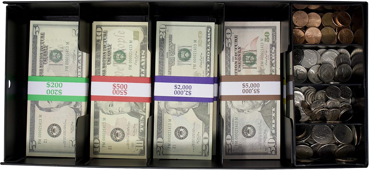 Nadex Lockable Metal 5 Compartment Currency Tray with Coin Tray Insert and Bill Wrappers | Cash Box with Sliding Lockable Cover | Lock not Included : Office Products