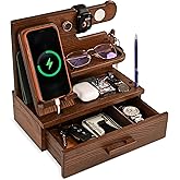 TESLYAR Wood Phone Docking Station with Drawer - Nightstand Organizer for Men, Bedside &amp; Desk Organizer with Apple Watch Charger Slot - Birthday Gifts for Men, Dad, Husband (Bourbon Brown)