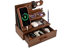 TESLYAR Wood Phone Docking Station with Drawer - Nightstand Organizer - Desk Organizer for Husband - Birthday Gifts for Men, Dad, Anniversary Idea, Key Holder Stand Watch & Accessories (Bourbon Brown)