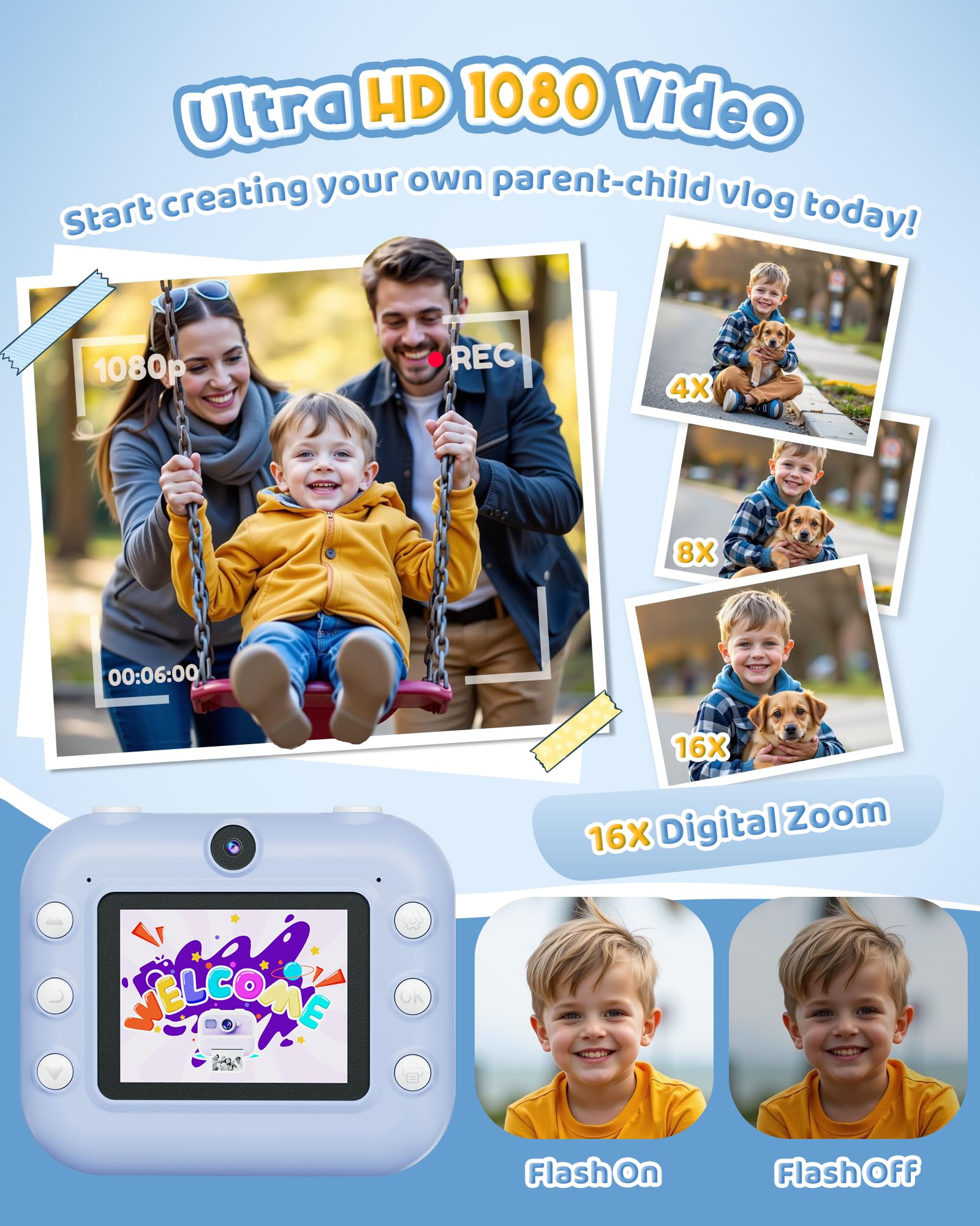 Instant Camera, Front Rear Dual Selfie Kids Camera with 1080P Videos, Holiday Birthday Gifts for Kids Age 3-12, Toddler Portable Travel Print Digital Camera Toy for 4 5 6 7 8 9 Year Boys Girls