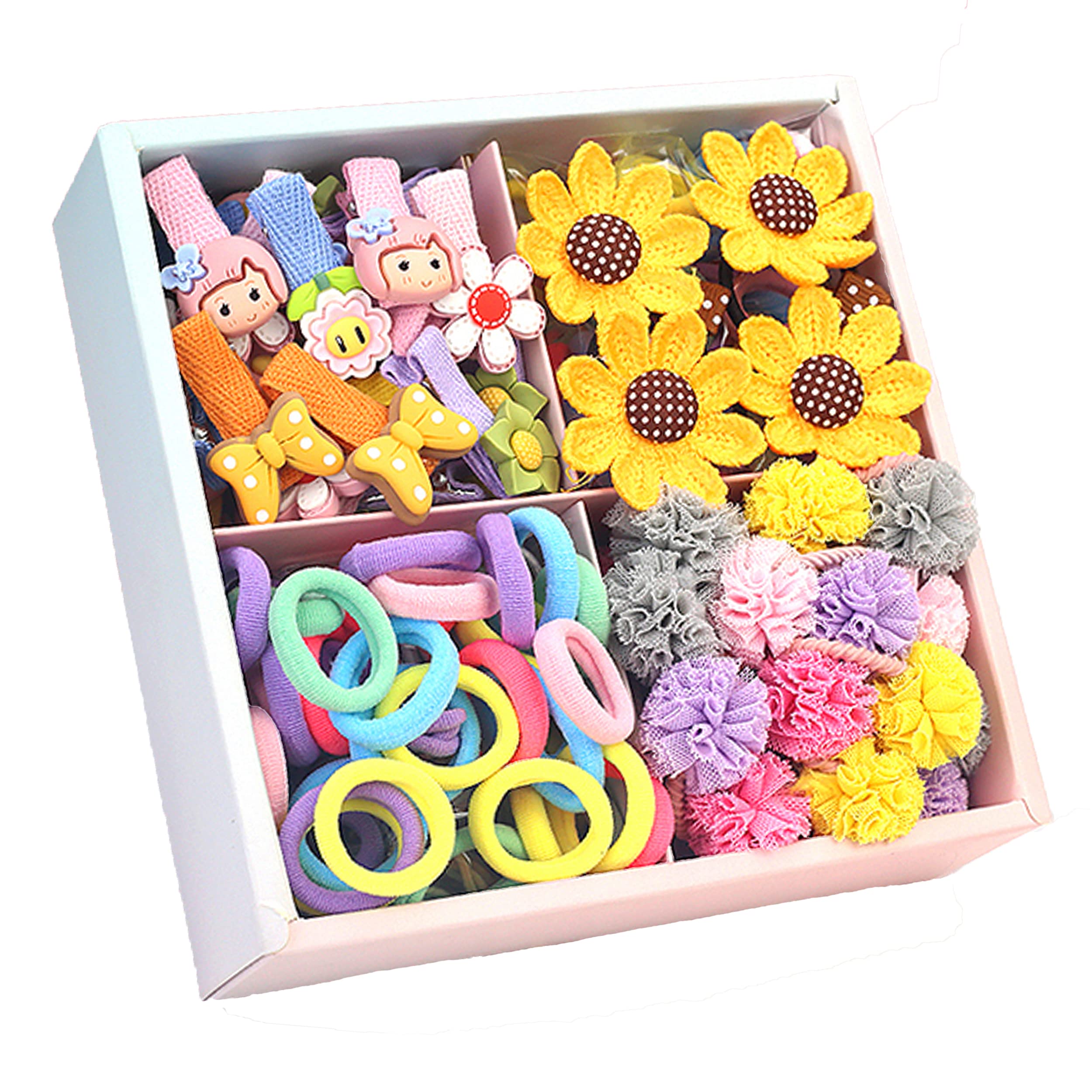 74PCS Color Elastic Hair Bands Fabric Cute Hair Clips Lace Hair Elastic Bands Hair Ties Holders Kit with Box for Girls Teens Children