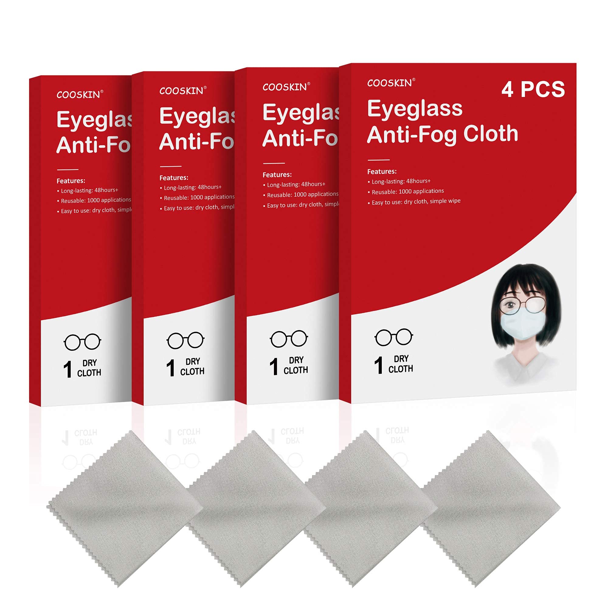 COOSKIN Anti-Fog Cloth, Reusable 1000 Times and Lasts for 48h, Odorless AntiFog Dry Wipe, Fog Defender, Antifogging Lens Wipe, Defogger Eyeglasses Wipe for Goggles/Screen 4 pcs