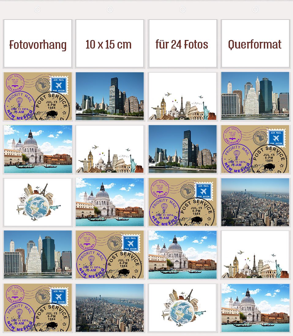 trendfinding® photo curtain 70x76 cm format 10x15cm landscape format picture frame transparent (24 photos landscape format 10x15) — image 1