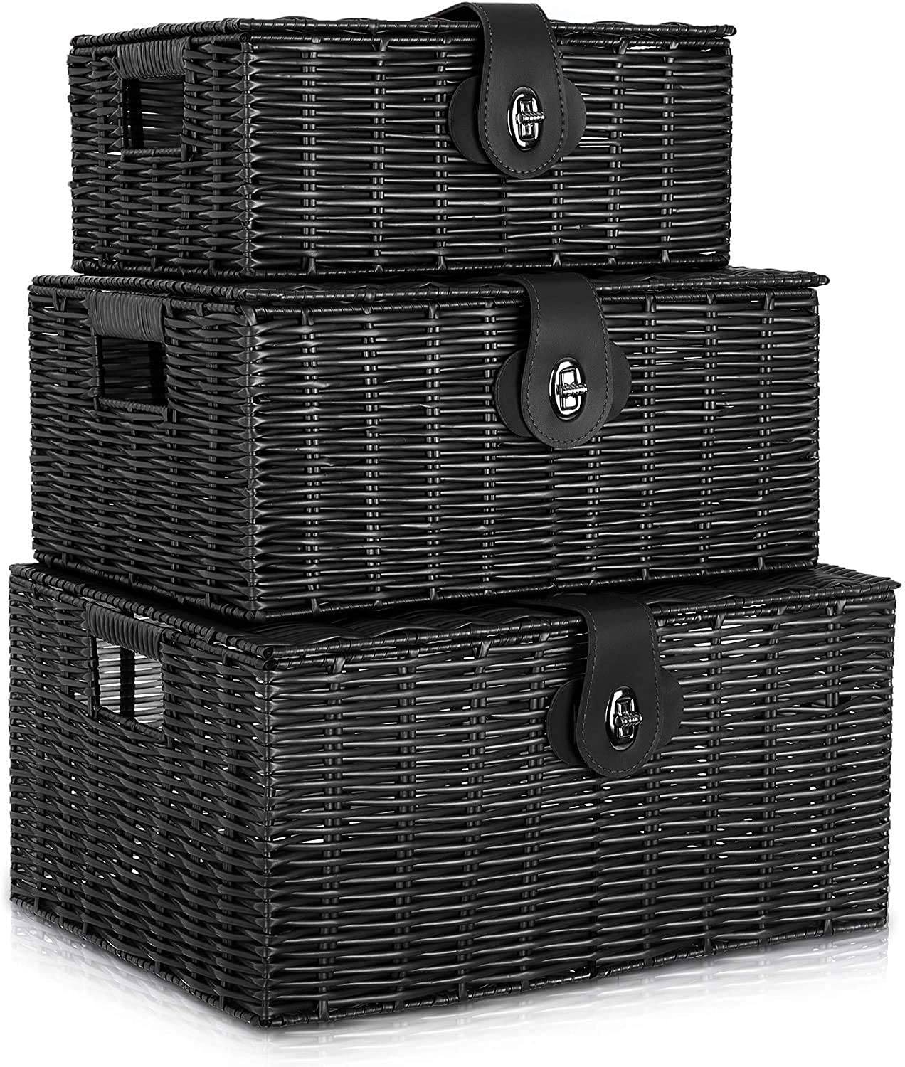 Photo 1 of Homepeaz Set of 3 Woven Storage Basket Box Wicker Hamper Stackable Bin with Lid & Lock