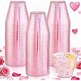 Ciaell 300PCS Clear Pink Plastic Cups - 9 Oz Heavy Duty Plastic Cups - Clear Party Cup Disposable Wine Cup for Parties & Weddings & Party & Valentine's Day