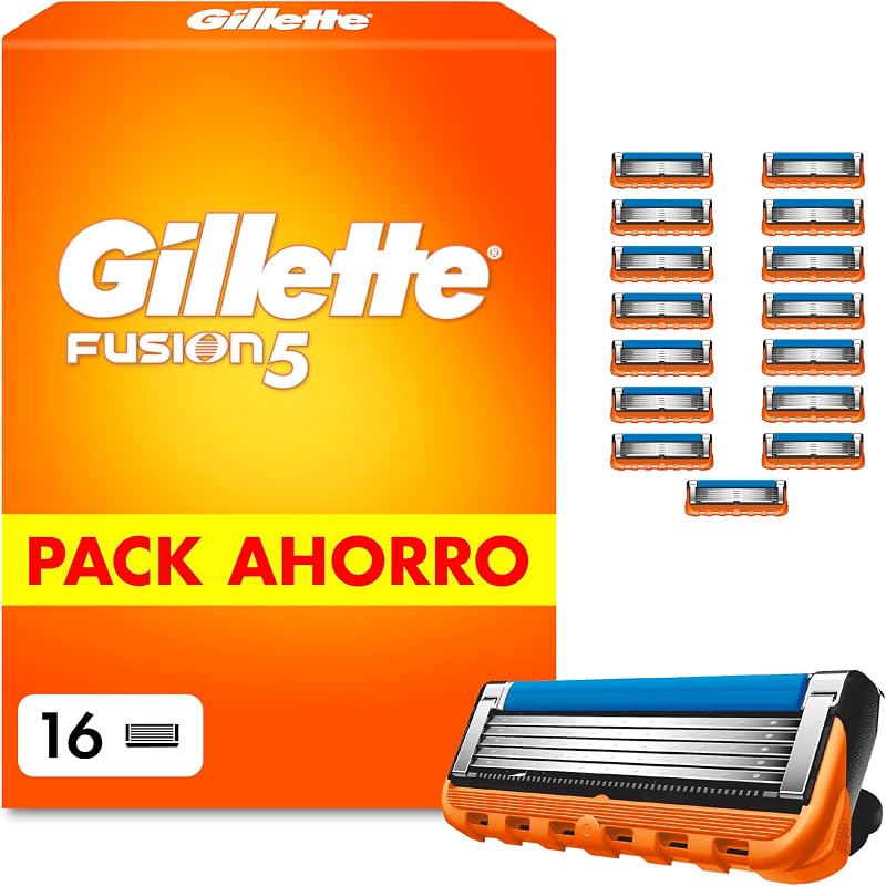 Gillette Fusion5 Pack de 16 Recargas para Máquinas de Barbear, Lâminas de Barbear com 5 Lâminas, Banda de Gel Lubrificante e Aparador de Precisão