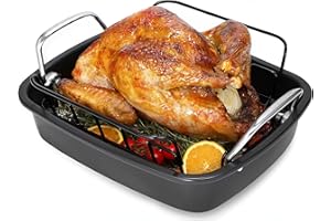AOTASO Nonstick Roasting Pan with Rack, Turkey Roasting Pan for Oven, Large Roaster Pan with Handle for Chicken, 17 X 13 Inch, Carbon Steel, Dark Grey