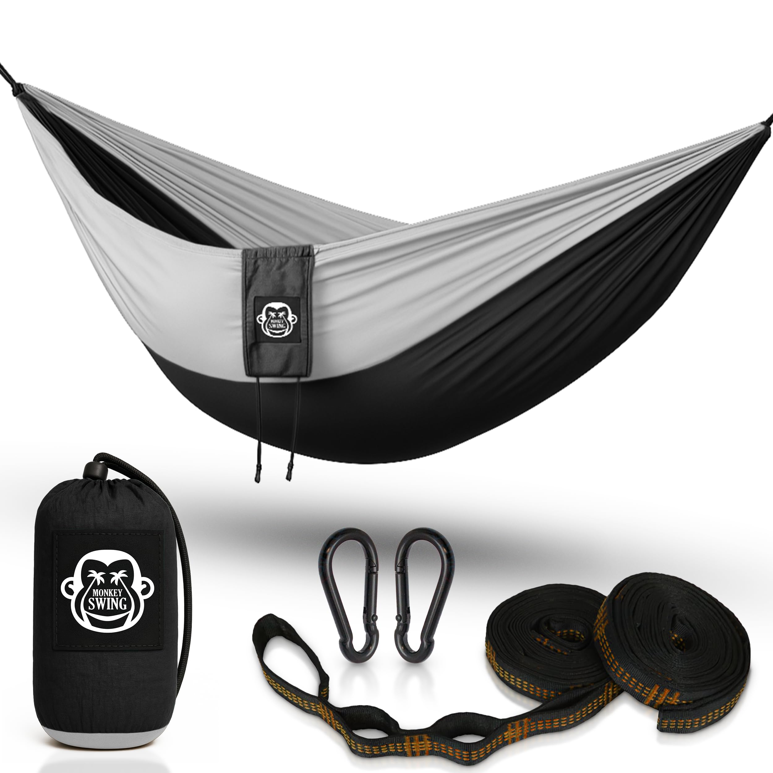 Monkey Swing Ultralight Hammock incl. Carabiners & Heavy-Duty Tree Straps (Up to 300 kg Load, 275 x 140 cm) – Ideal Camping Hammock for Outdoor, Trekking & Travel (Black/White)