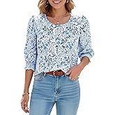 winkbay Women's Plus Size Boho Floral Blouse Summer Puff 3/4 Sleeve Crew Neck Vacation Tops