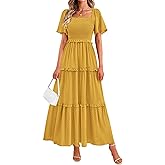 PRETTYGARDEN Summer Dresses for Women 2026 Boho Swiss Dot Smocked Square Neck Short Sleeve Spring Wedding Guest Maxi Dress