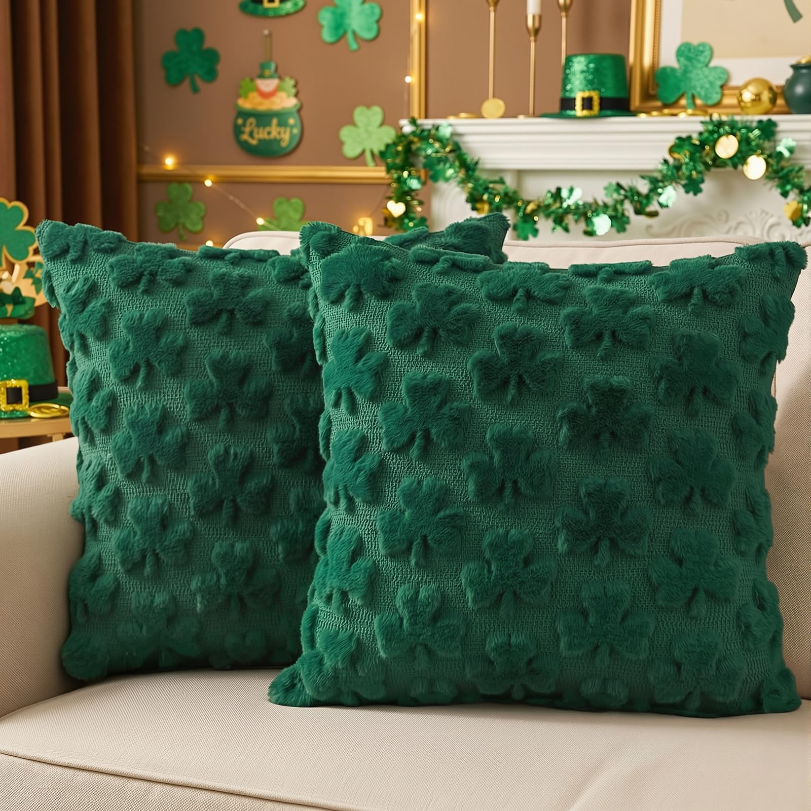 OLANRUN St Patricks Day Pillow Covers 18x18 Inch Set of 2, St Patricks Day Decorations Green Shamrock Soft Plush Faux Fur Jacquard Throw Pillows for Couch Sofa Home Office Living Room Bedroom Decor