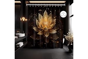 QGHOT Black and Gold Shower Curtain Lotus Flower Shower Curtains for Bathroom Decor Decorative Yellow Golden Floral Bath Curtain Set with Hooks, Waterproof Cloth Fabric, 70x72in
