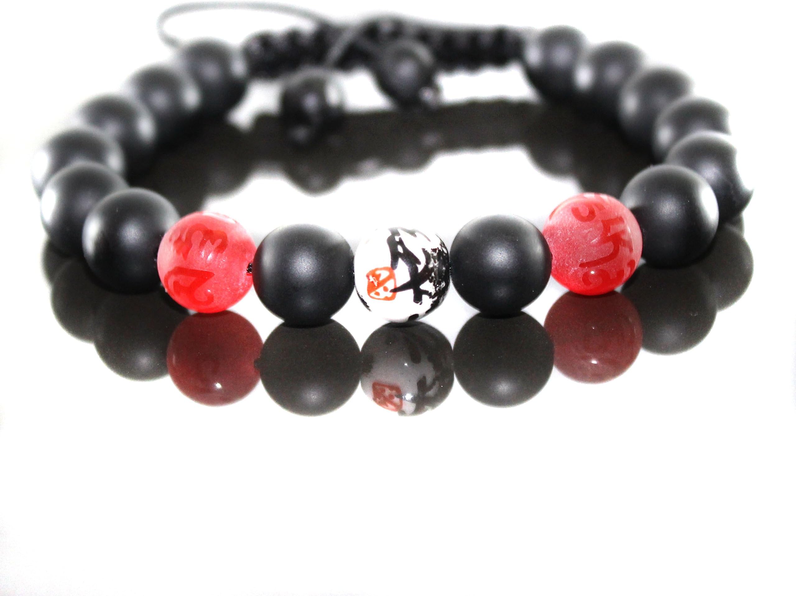 Men's Lucky Binger Tibetan Mantra Om Mani Red Energy Matt Onyx Bracelet for Men Adjustable