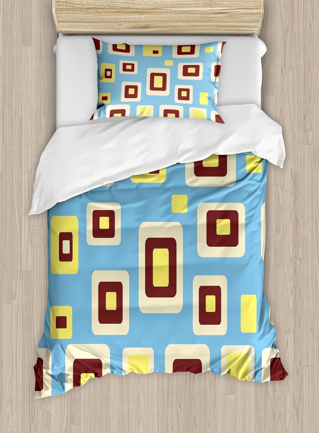 Ambesonne Yellow and Blue Duvet Cover Set, Retro Style Geometric Pattern Round Edged Rectangles, Decorative 2 Piece Bedding Set with 1 Pillow Sham, Twin Size, Blue Yellow