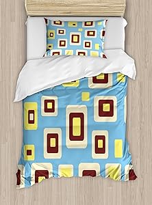Ambesonne Yellow and Blue Duvet Cover Set, Retro Style Geometric Pattern Round Edged Rectangles, Decorative 2 Piece Bedding Set with 1 Pillow Sham, Twin Size, Blue Yellow