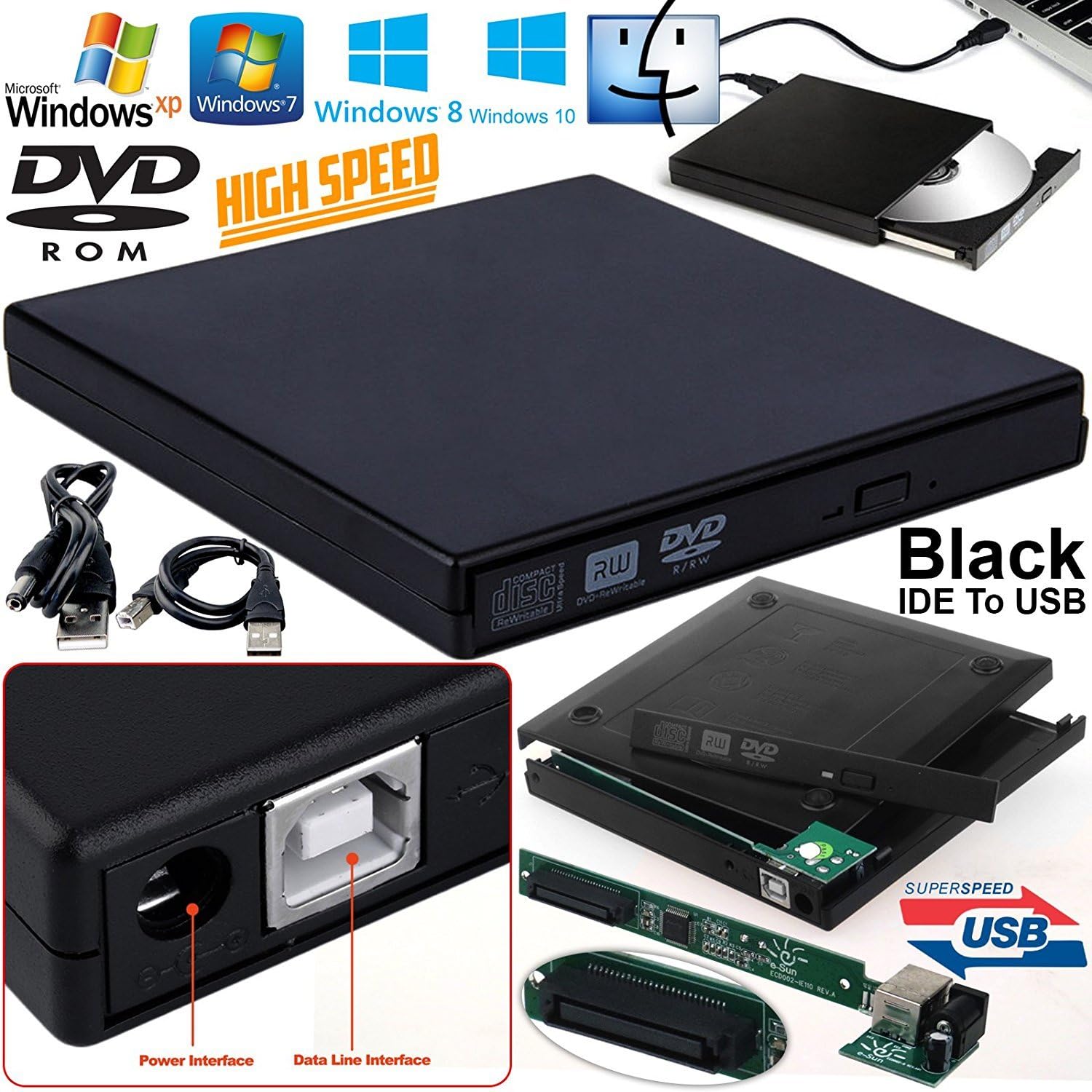 PC Laptop Portable Slim USB 2.0 To SATA & IDE External CD-RW DVD-RW Burner Writer Copier Reader Rewritable Combo CD DVD Rom Drive Enclosure Case Cover Caddy For All Laptop Desktop Netbook Notebook Apple MAC PC Laptop Computer Notebook (SATA, Black) By MyCamBay