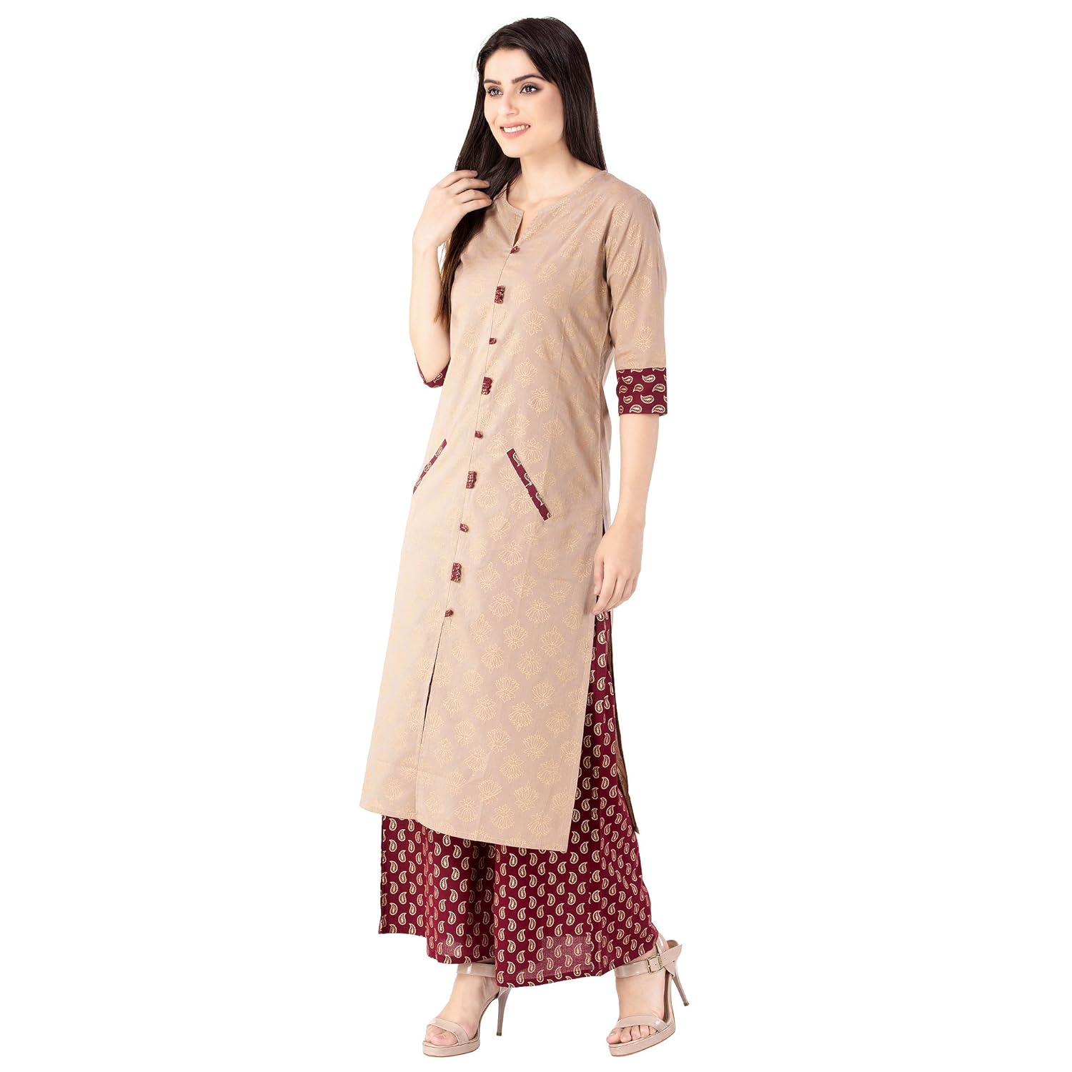 khushal k women's cotton gold printed kurta with palazzo set