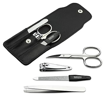 Maniküre Set 4 teilig - Nagelfeile aus Solingen, Nageletui aus echt Leder inkl. Profi-Pinzette, perfektes Geschenk für Damen 
