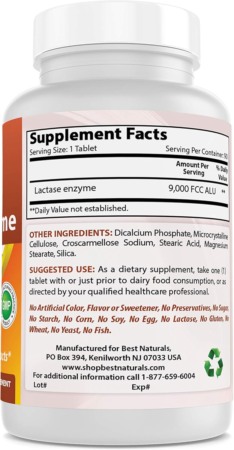Best Naturals Lactose Intolerance Relief Tablets with Natural Lactase Enzyme, Fast Acting High Potency Lactase, 9000 FCC ALU, 90 Count: Health & Personal Care