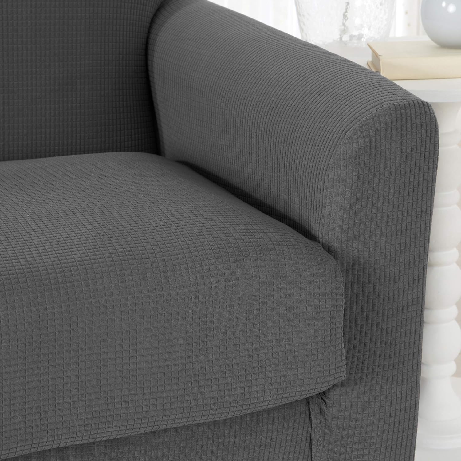 Great Bay Home Popcorn Textured Chair Slipcover. Form Fit, Slip Resistant, Strapless Slipcover. Stretch Arm Chair Slipcover. Kova Collection (Chair, Frost Gray): Furniture & Decor