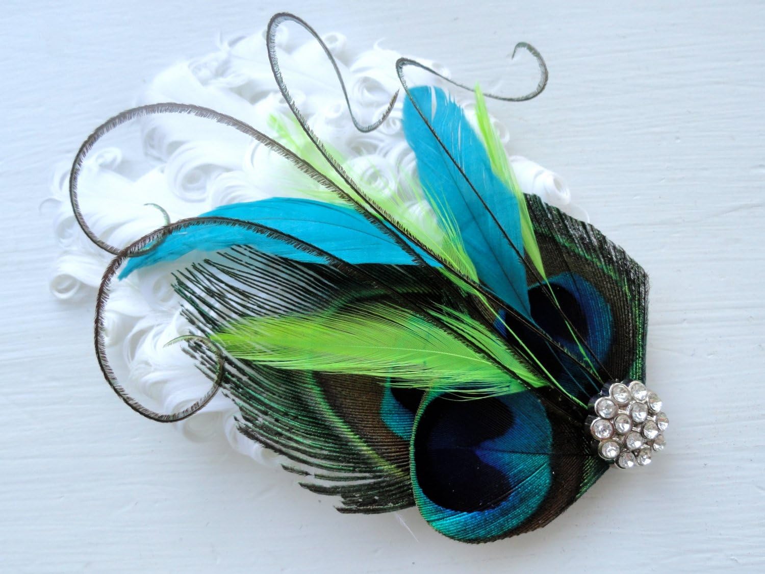 Oh Lucy Handmade MAUREEN Peacock Feather Fascinator, Cocktail Fascinator, in Natural, Turquoise, Lime, and White with Pearl and Rhinestone