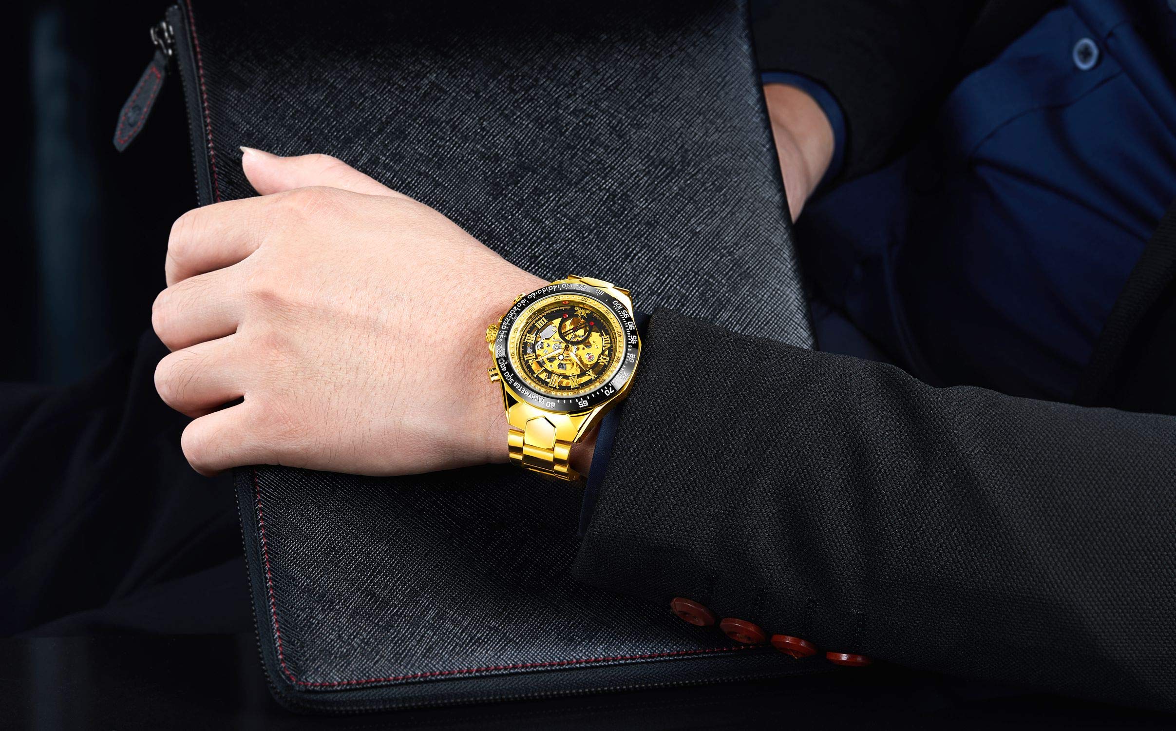 SEWOR Fashion Delicate Hollow Carving Mechanical Automatic Wrist Watch (Gold-Black)