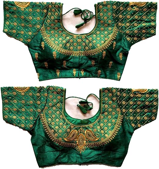 Women's Green Colour Round Front Back Heavy Stone Work and Keri Pattern Zari Work Readymade Blouse For Saree And Lehenga Choli (38+margin)