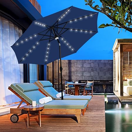 Amazon Com Klismos 10 Ft Patio Umbrella With Lights Outdoor Table Market Umbrella With Tilt Crank 8 Sturdy Ribs Navy Blue Garden Outdoor