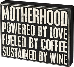 Primitives by Kathy Motherhood Powered by Love Coffee Wine 8 Inches Square Wood Box Sign Home and Garden Decor