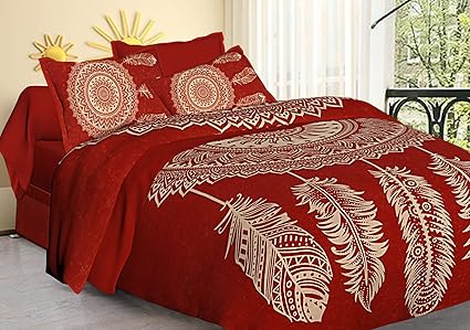 Tiger Exports 100% Cotton Rajasthani Tradition Print King Size Double Bedsheets with 2 Pillow Cover | Red