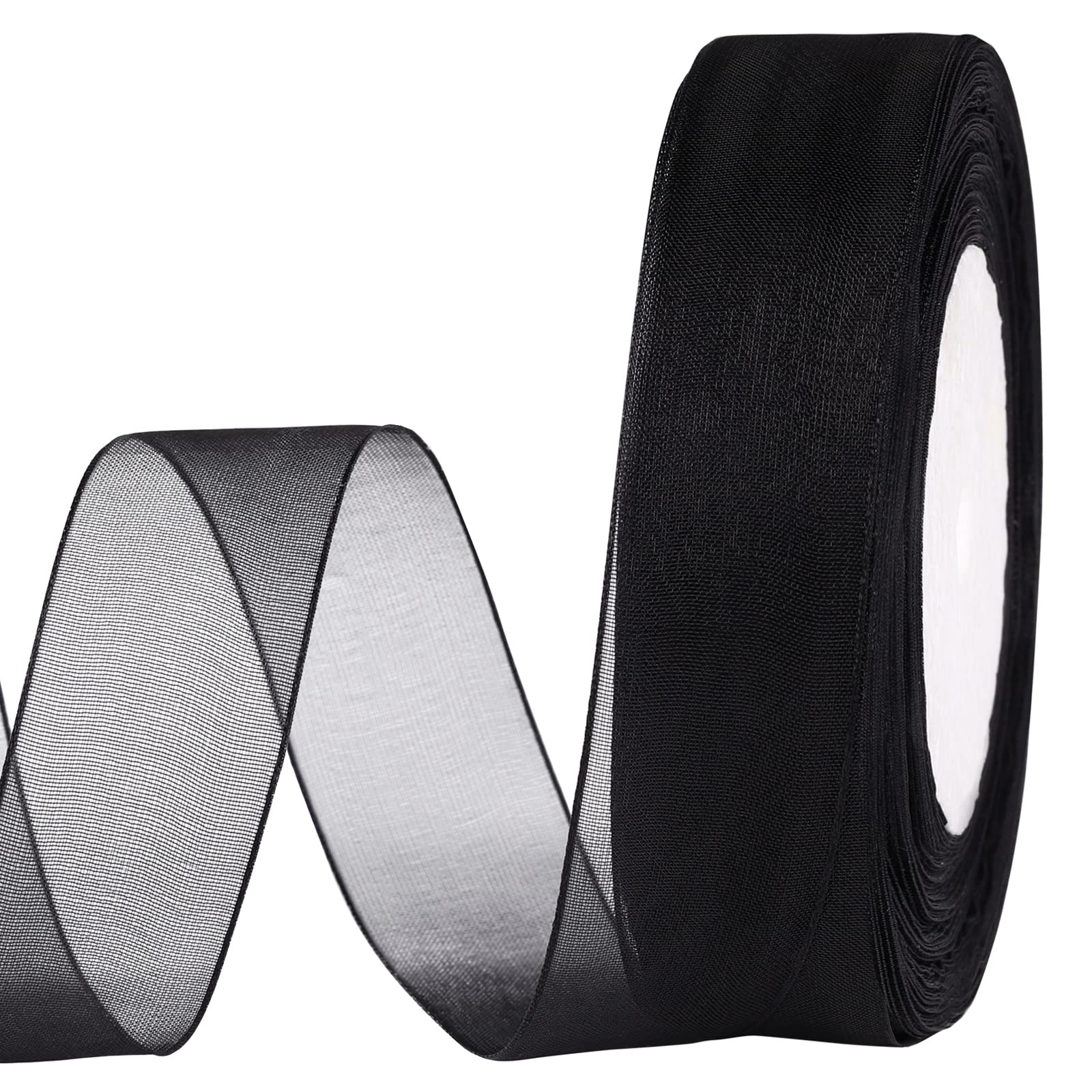 molshine 25mm x 45m /roll Shimmer Sheer Organza Ribbon,Chiffon Fabric Ribbons for Bouquets Garland,Bowknot,Wedding,Gift Wrapping,Hair,Crafts,Decoration (Black)