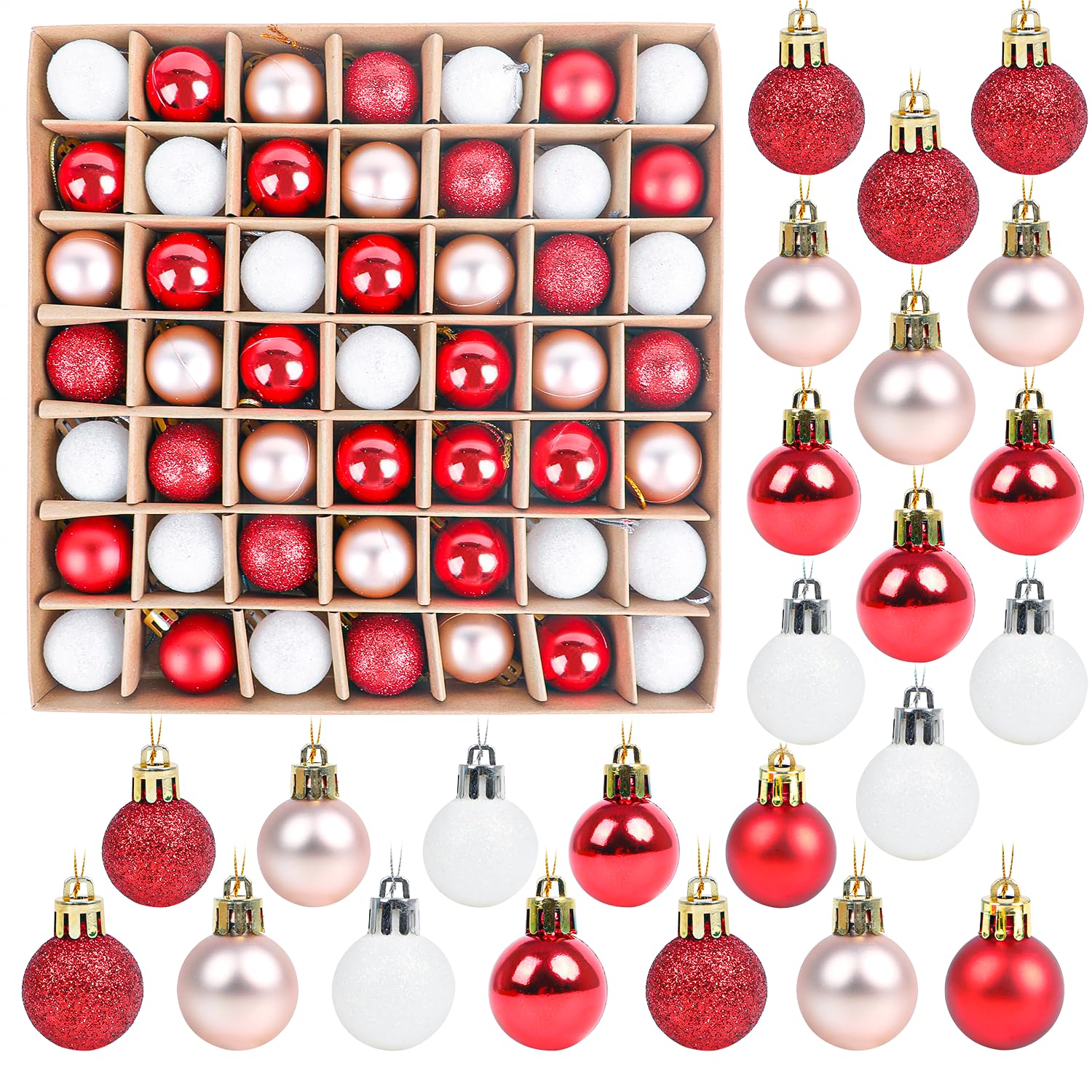 SULOLI Mini Christmas Tree Baubles,49PCS Mini Shatterproof Decorative Hanging Ornaments Balls Christmas Tree Decor(Red&White)