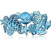 Qunclay Summer Ocean Themed Wall Decorations Sea Horse Shell Coastal Wood Sea Turtle Starfish Ocean Voyage Wall Hanging Decor for Home Pool Living Room Bedroom Outdoor Art, 15.8 Inch
