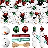 Yulejo 180 Pieces Christmas Snowman Wooden Bead Christmas Crafts for Adults Winter Buffalo Plaid Wood Round Bead with DIY Twine Scarf for Crafts(Bright Color)