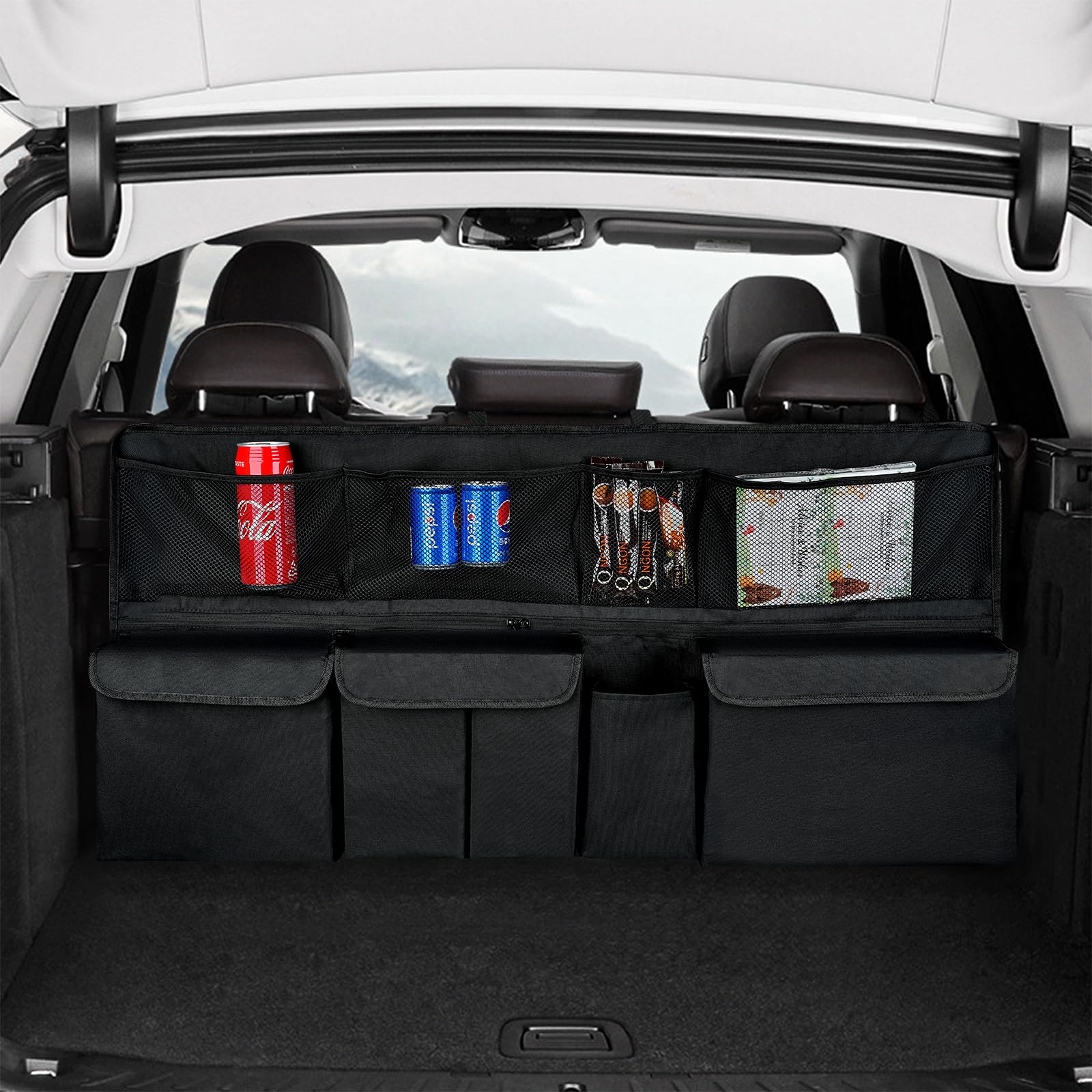 Photo 1 of Car Trunk Organizer, Backseat Hanging Organizer with 4 Pockets & 4 Mesh Pouches for Groceries Super Capacity, Foldable Back Car Storage Bag for SUV, Truck, Van Car Accessories